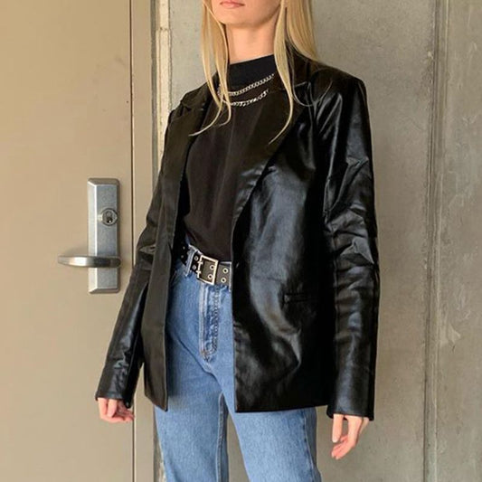 Chaqueta Casual de Cuero con Solapa