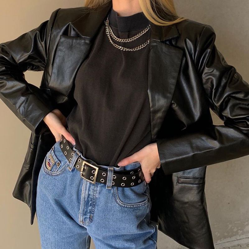 Chaqueta Casual de Cuero con Solapa