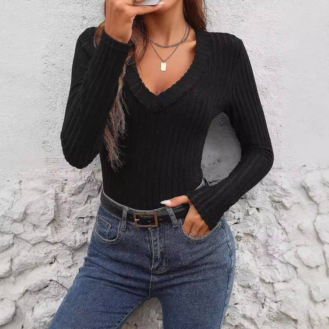 Camiseta elegante de manga larga, cuello en V