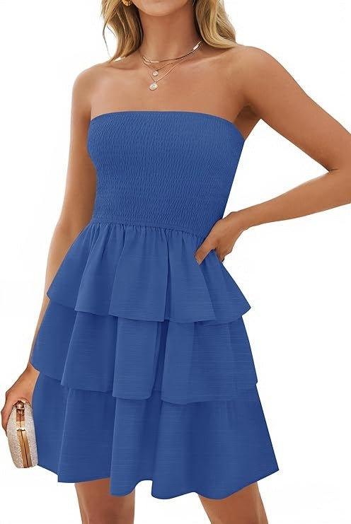 Vestido Corto Sin Hombros Plisado