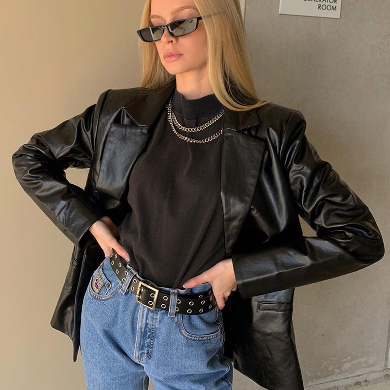 Chaqueta Casual de Cuero con Solapa