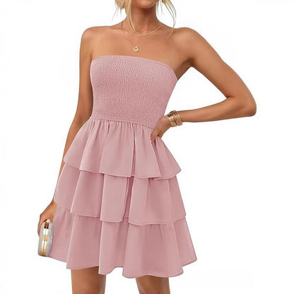 Vestido Corto Sin Hombros Plisado