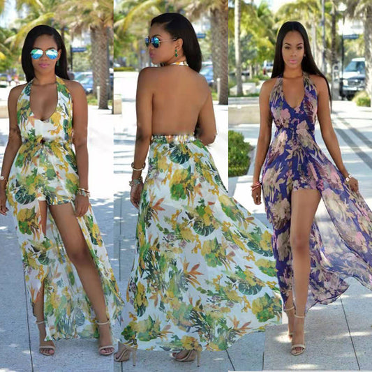 Vestido largo de playa con abertura y estampado