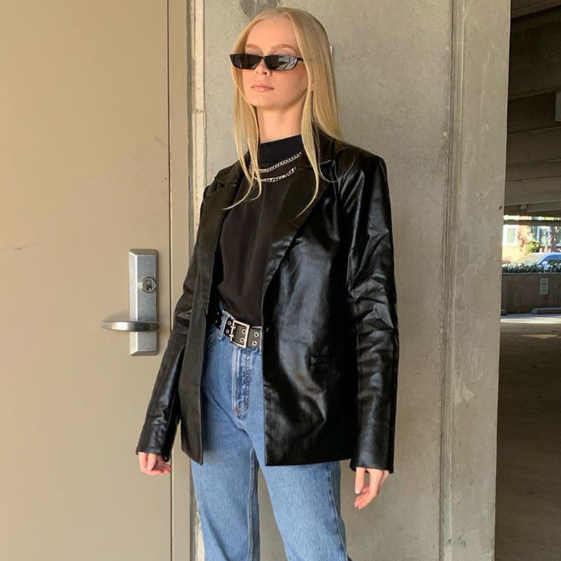 Chaqueta Casual de Cuero con Solapa