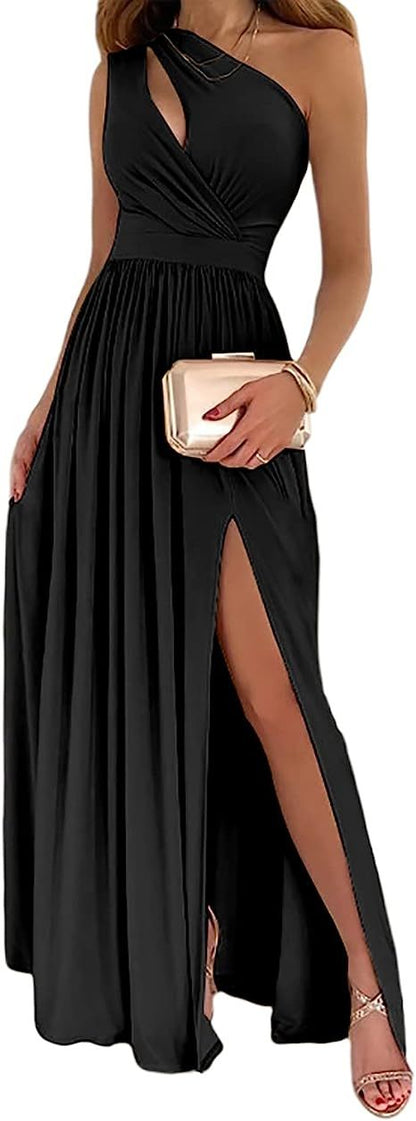 Vestido Largo Elegante Un Hombro con Abertura