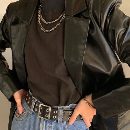 Chaqueta Casual de Cuero con Solapa