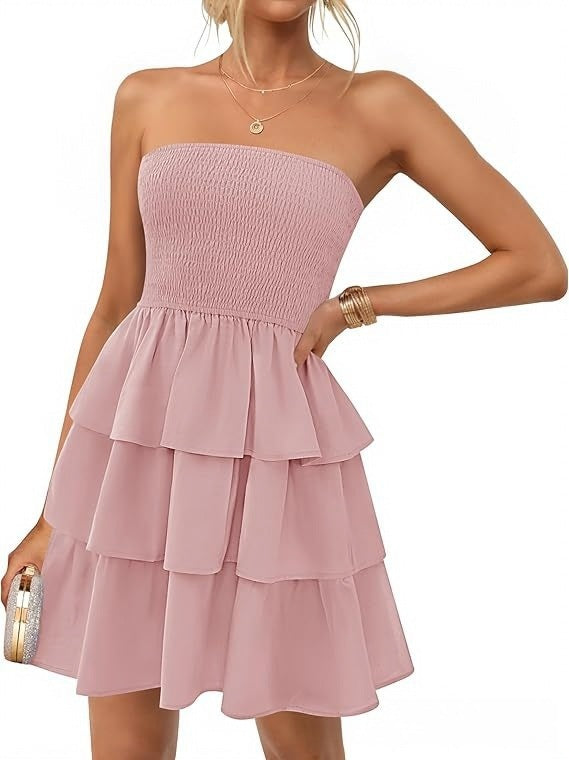 Vestido Corto Sin Hombros Plisado