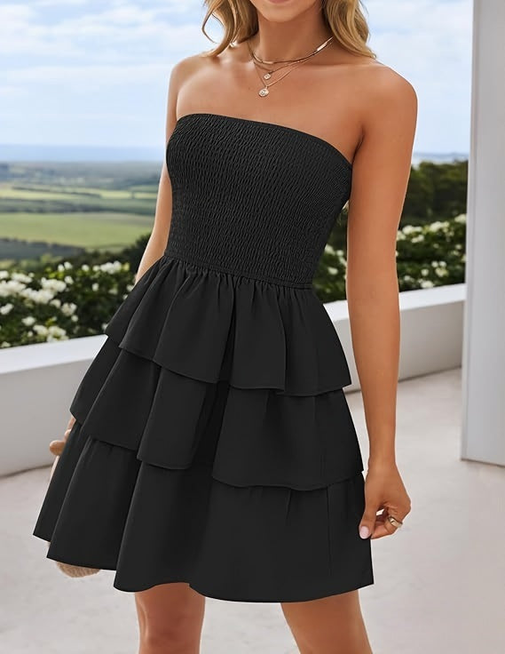 Vestido Corto Sin Hombros Plisado
