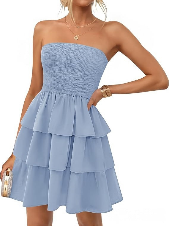Vestido Corto Sin Hombros Plisado